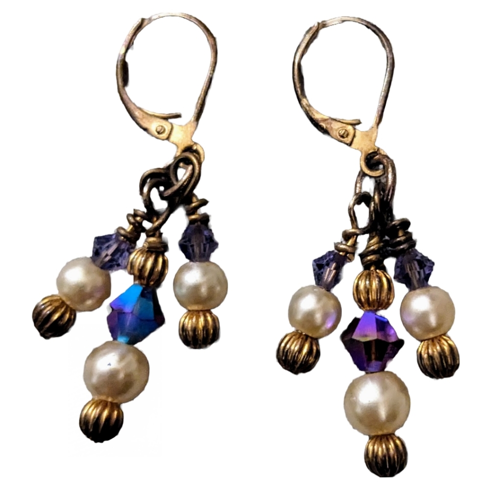 Vintage Faux Pearl, Reflective Blue, and Gold Tone Beaded 3 Strand Earrings